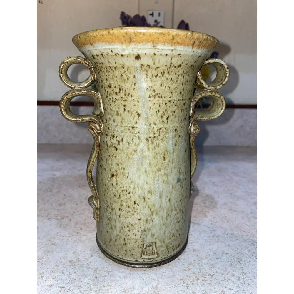 Vintage Ceramic Spoon Holder With Textured Handles & Unique Glaze Finish